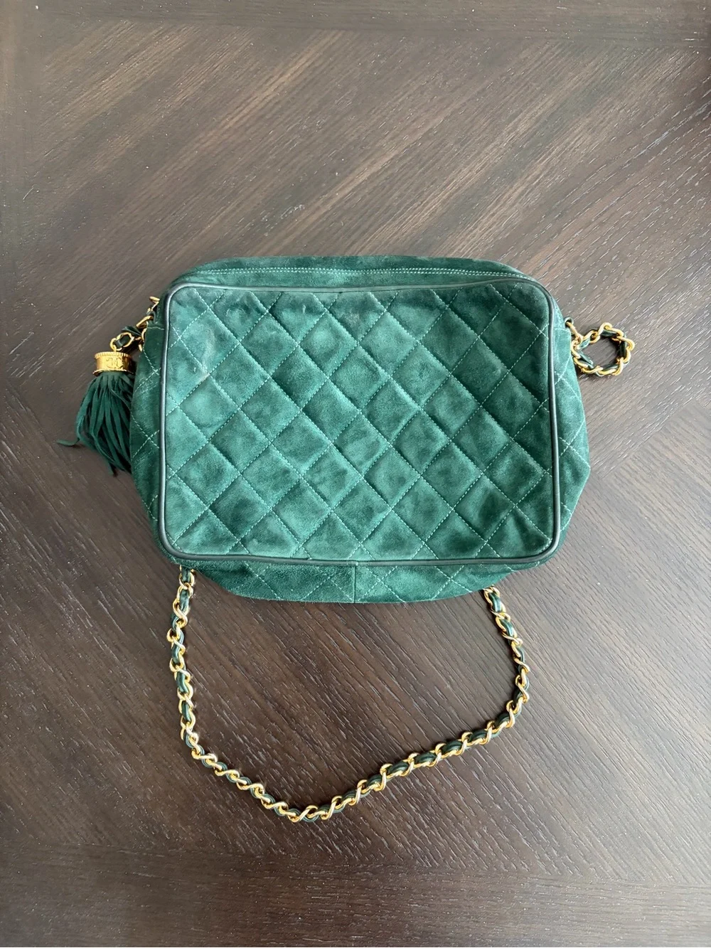 Rare CHANEL Vintage Green Suede Bag Quilted Tassel Gold Chain 1989-1991